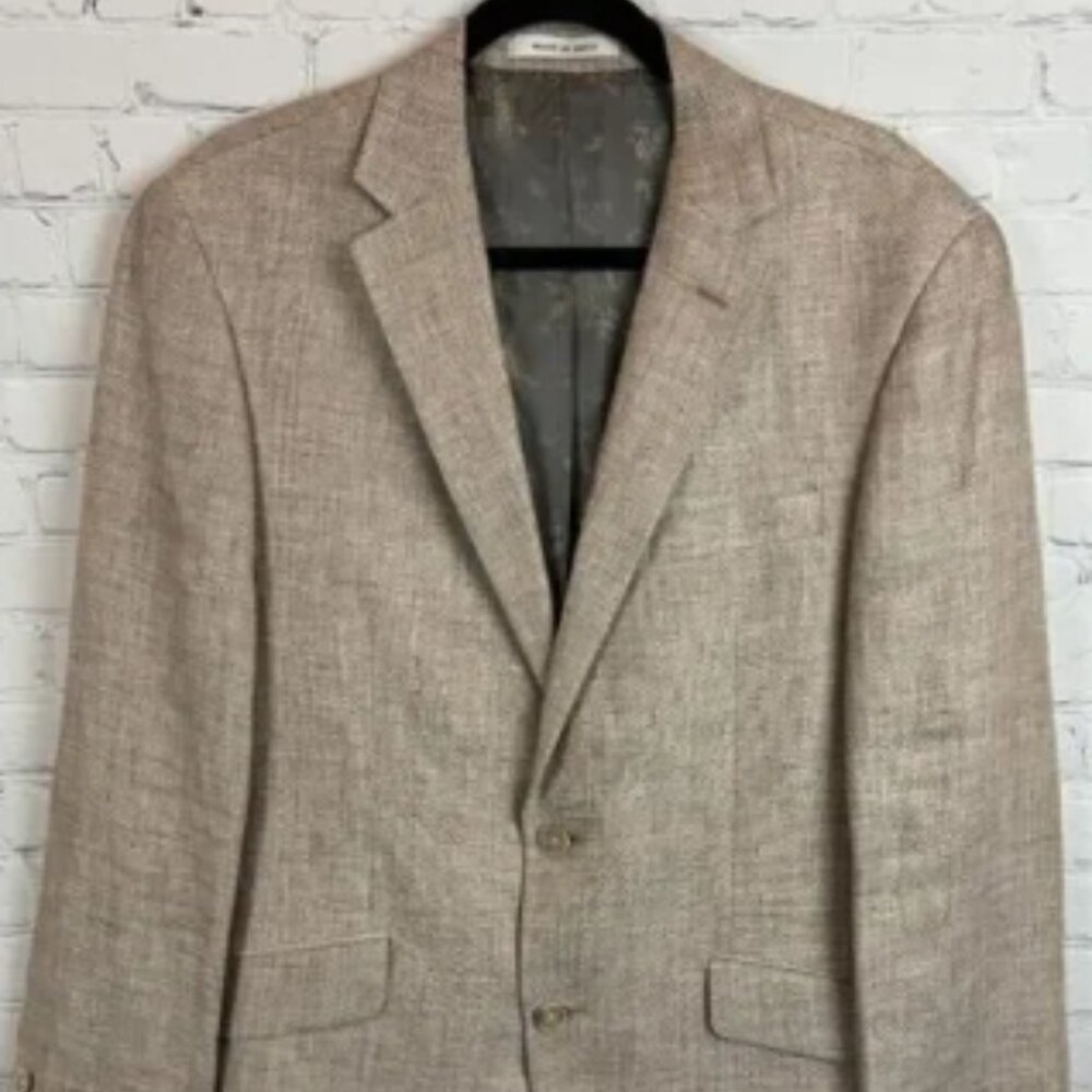 JOSEPH ABBOUD beige chevron zigzag 100% linen mens suit jacket blazer 40R NWT